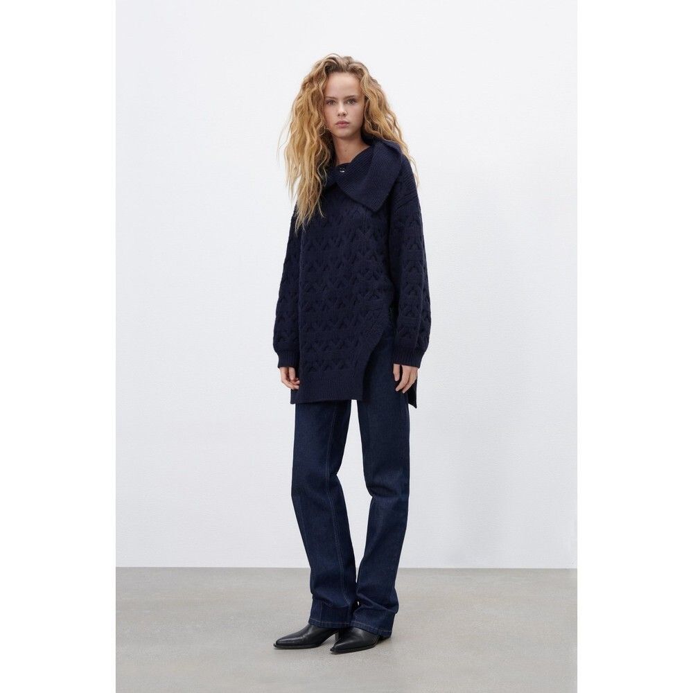 Navy Blue Zara Chunky Cable Knit Collared Side-Vent Long Sleeve Sweater (NWT)